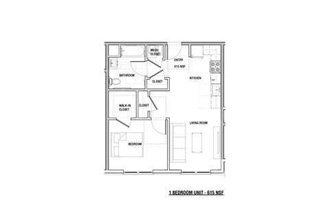 Floor plan for 1 bed, 1 bath, 655 sqft
